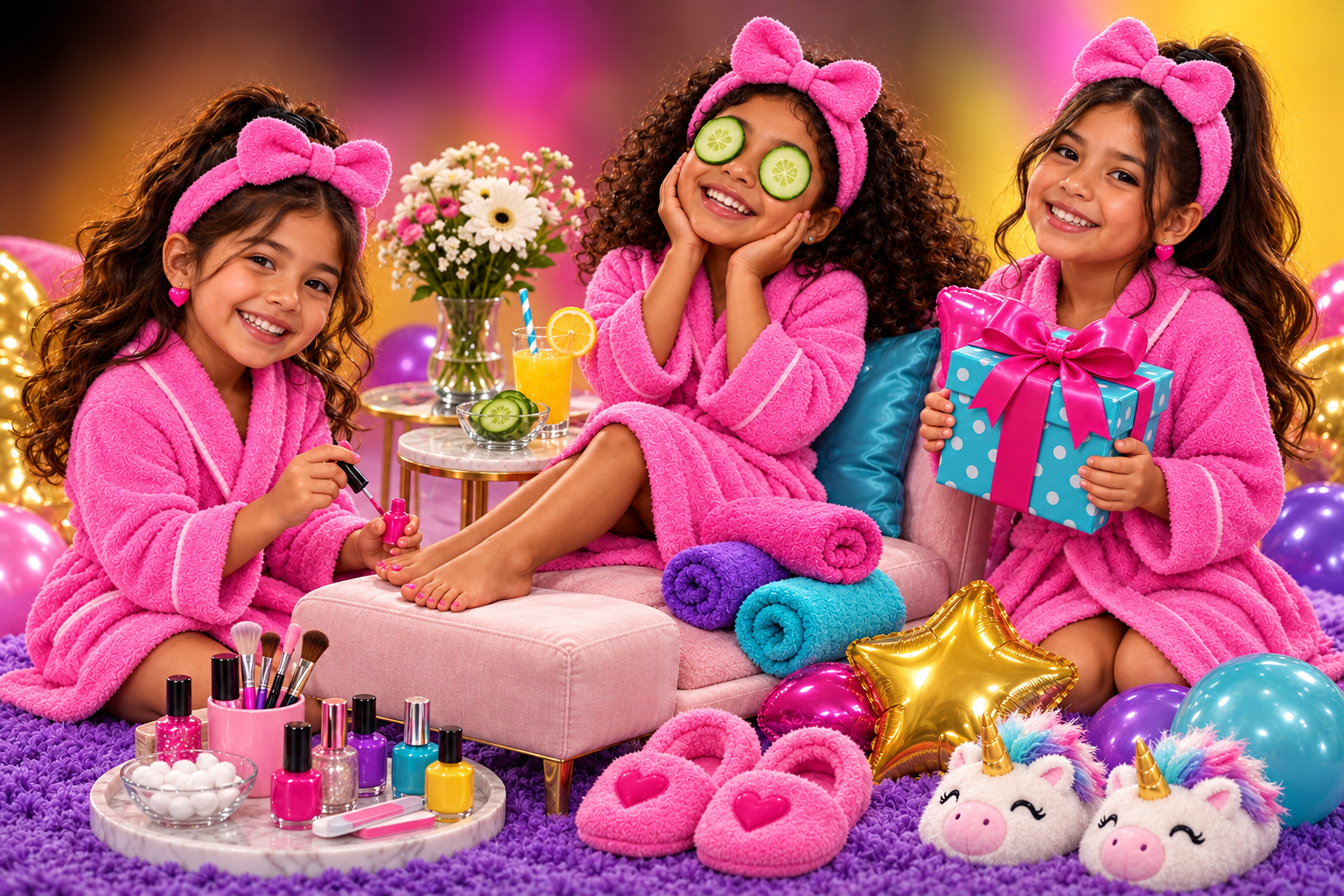 Niñas disfrutando una fiesta de spa en casa con regalos, manicure y mascarilla
